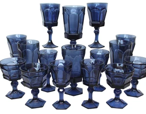 16 Stk. ~Tee Wein Wasser Champagner~ MCM Vintage dunkelblau Fostoria Glas Virginia - Bild 1 von 7