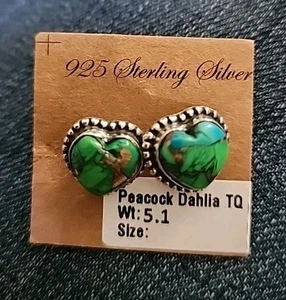 Pfau Dahlie Türkis Herz Ohrringe Ohrstecker 925 Sterling Silber Ohrringe Neu - Bild 1 von 2