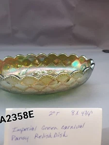 Vintage oval Green carnival glass bowl with PANSY design - Picture 1 of 6