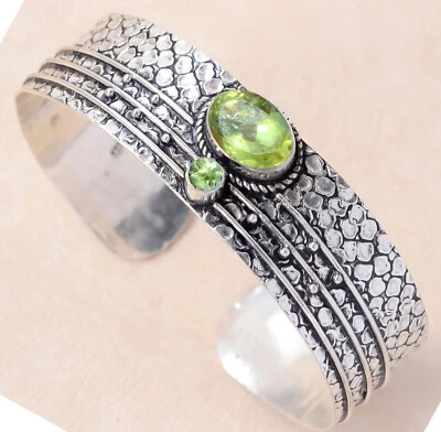 Cut Peridot Gemstone Bracelet 925 Sterling Silver Cuff Man's Bangle Jewelry - Image 1 of 4