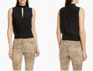 RAHMEN schwarz Schlüsselloch Stehkragen gesmokt ärmellos Seide Satin Tank Top XS = 0/2 🖤 - Bild 1 von 10