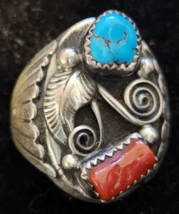 Anello uomo Navajo turchese e corallo rosso misura 11 foglia sterling 9,8 gr - Foto 1 di 6