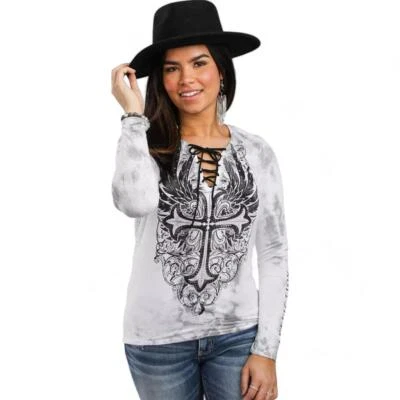 New Womens Affliction Free Long Sleeve Tie Up Cross Top White Tee T-Shirt XS-XXL - Image 1 of 3