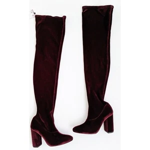 ZARA Burgundy Velvet Over The Knee High Heel Sock Boots Women's Size 5 US - Picture 1 of 11