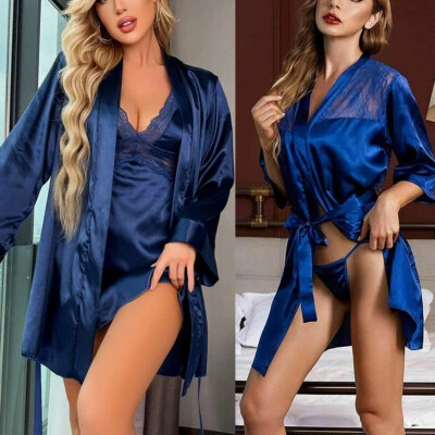 Lencería sexy para mujer satén seda kimono batas ropa interior ropa de dormir conjunto Foto 1 de 4