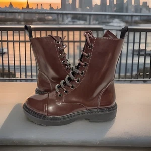 DKNY Boots Size 6 Womens Bordeaux Leather Lace Up Combat Block Heel NEW - Picture 1 of 4