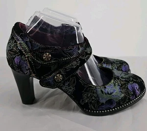 L'artiste Spring Step Showy Rose Mary Jane Heels 9 Black Floral - Picture 1 of 7