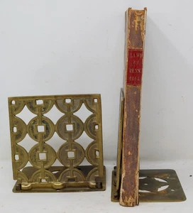 Vintage Brass Book End Pair MCM / Brutalist Chinese Coin Design Folding - Picture 1 of 17