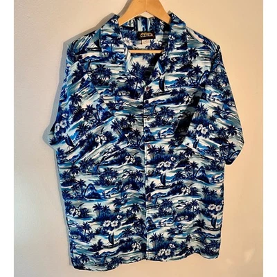 Vintage ODO Mens Hawaiian Shirt Tropical Palm Tree Boat Print Short Sleeve SZ L - Image 1 of 4