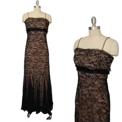 Maxi Vestido Betsey & Adam Vintage Años 90 Baile de graduación Talla M 12 Negro Encaje Hada Gótico Foto 1 de 4