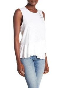 SUNDRY Tank TI AMO 1 S PEPLUM Ruffle Top Flower Cotton Uncut Edges T-Shirt NWT - Picture 1 of 3