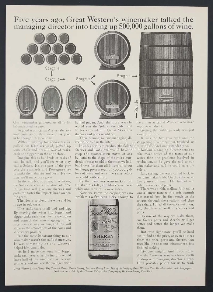 1969 Great Western Sherry Wine Hammondsport NY foto arte decoración anuncio impreso vintage Foto 1 de 1