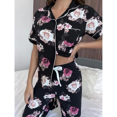 Thin, casual floral-printed long pants Short-sleeve women's pajama set: - Image 1 of 4