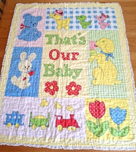 Vintage 1980's Thats Our Baby Quilted 40"x32" Coverlet Yellow Crib Blanket Throw - Picture 1 of 8