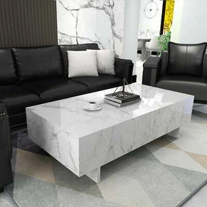 41" Modern White Coffee Table High Gloss Marble Veneer Rectangle Living Room - Picture 1 of 13