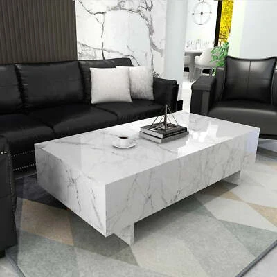 41" Modern White Coffee Table High Gloss Marble Veneer Rectangle Living Room - Image 1 of 4