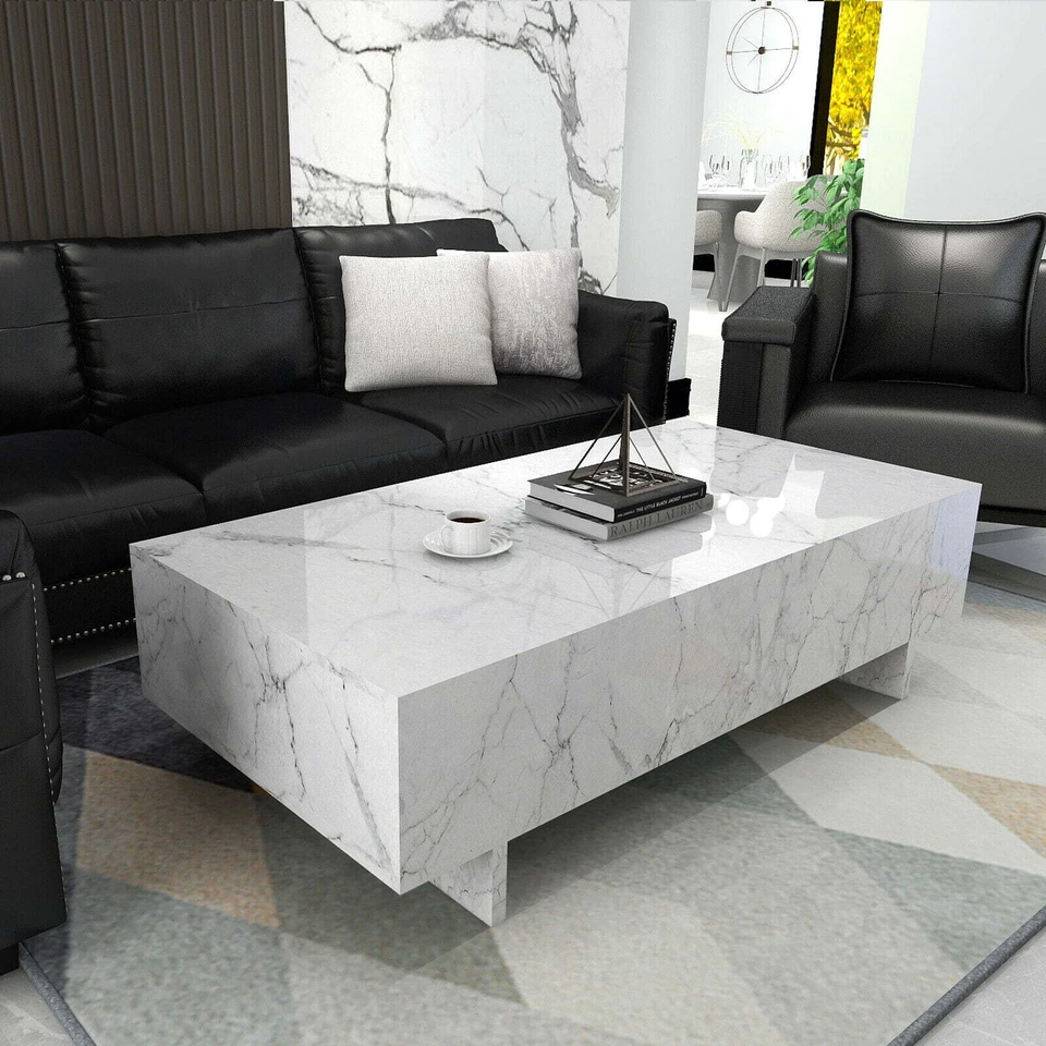 41" Modern White Coffee Table High Gloss Marble Veneer Rectangle Living Room - Image 1 of 4