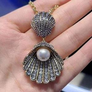 2Ct White Round Lab-Created Diamond Shell Neck Pendant 14K Yellow Gold Plated - Picture 1 of 9