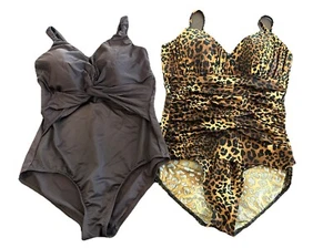 Miraclesuit Leopard Print /solid One Piece Suit Size 16 Brown Lot Of 2 Swimsuits - Picture 1 of 11