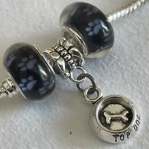 3pc Lot TOP DOG Bowl & Bone European Charm + Blue PAW PRINT Big Hole Bead Set - Picture 1 of 7