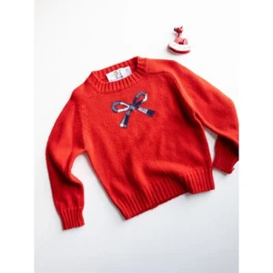 Florence Eiseman Red Knit Sweater with Navy Plaid Bow Applique Kids Size 4/5 - Picture 1 of 5