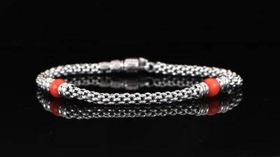 Brazalete Fope oro blanco macizo 18k cadena de malla con cuentas de coral 7,5"" cierre de langosta Foto 1 de 4