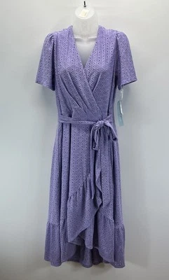 NWT London Times Women's Lined Short Sleeve Ruffle Wrap Dress, Violet Tulip 14 - Imagem 1 de 4