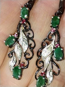 Pendientes colgantes esmeralda, rodolita 925 esterlina, placa de rodio negro - Imagen 1 de 7
