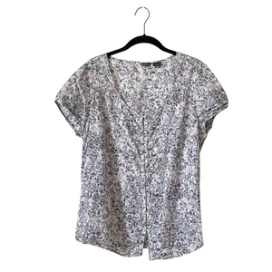 Top donna Eddie Bauer taglia M bianco floreale cotone berretto manica corta bottoni - Foto 1 di 6