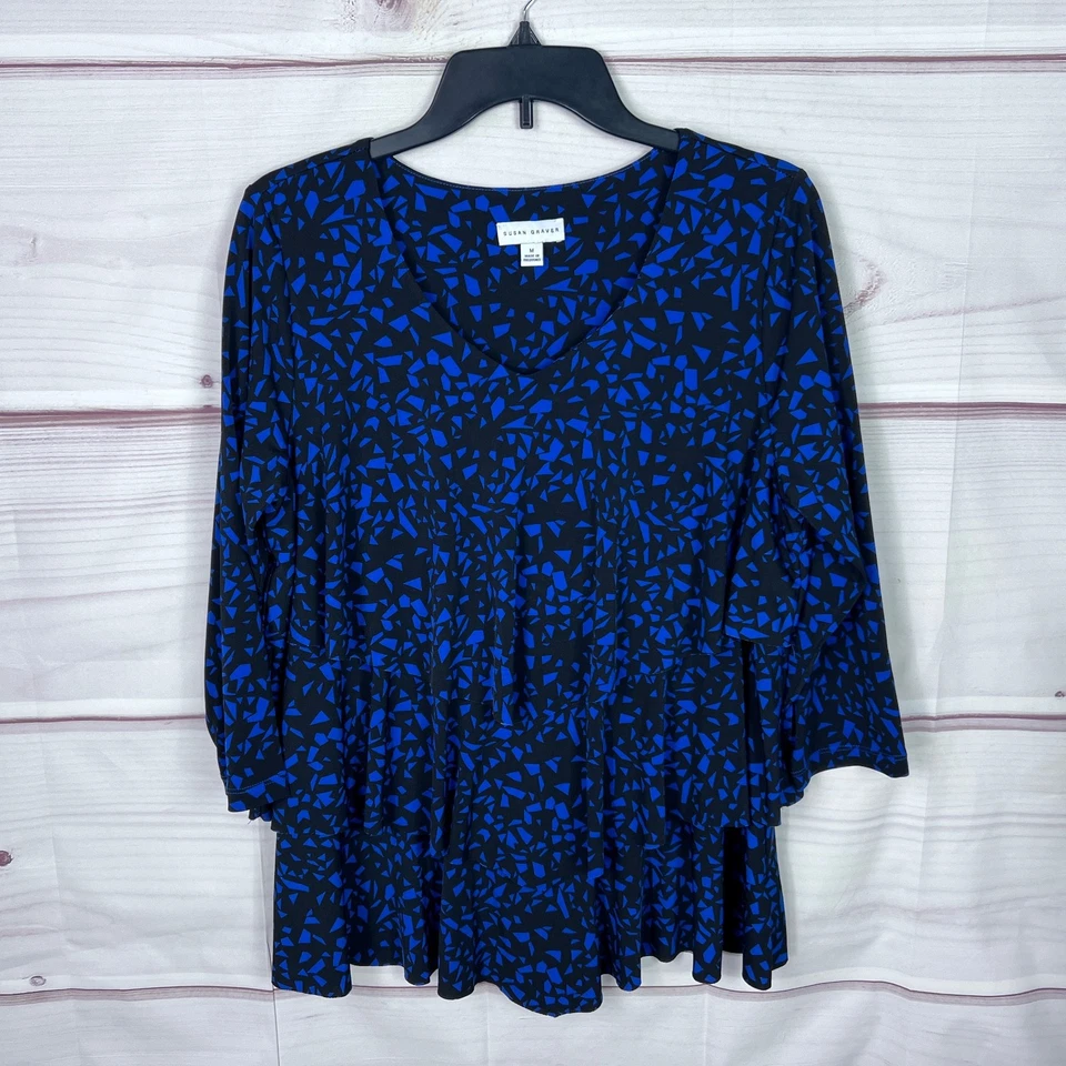 Blusa Susan Graver Top Mujer M Estampado Azul Tejido Líquido Manga 3/4 Cuello en V Foto 1 de 4