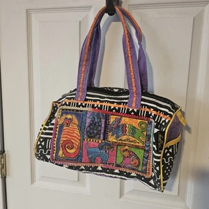 Laurel Burch Handtasche Whiskered DOGS! Mehrfarbige Beuteltasche mit Doppelgriff 14 Zoll x 9 Zoll - Bild 1 von 15
