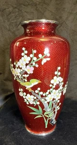 Vintage Japanese Cloisonne Pigeon Red Vase Bird on Cherry Blossom Flowers 7 1/4 - Picture 1 of 3