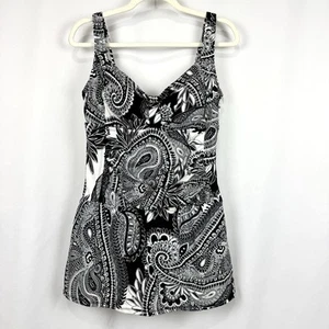 Jantzen Women’s Sz 14 Black & White Paisley Print One Piece Swimsuit Dress Chic - Picture 1 of 12