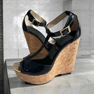 JIMMY CHOO Black Patent Leather Cork Wedges Sandals Size 36.5 - Picture 1 of 16