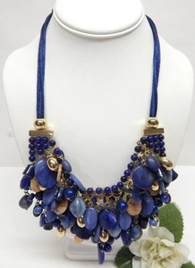 CHICO'S GOLD TONE BLUE CORD & MULTICOLOR RESIN CHARM BEAD STATEMENT NECKLACE 20" - Picture 1 of 2