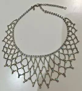 Vtg Kirk’s Folly Elegant Clear Aurora Borealis Crystal Bib Necklace Silver Tone - Picture 1 of 12