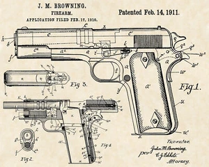 1911 Colt Handgun J.M. Browning Firearm Patent Art 20x16 Gun Print on Parchment - Picture 1 of 7
