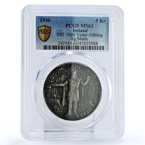 Iceland 5 kronur 1000 Years Althing Ulfliot Dragon Matte MS63 PCGS Ag coin 1930 Cover