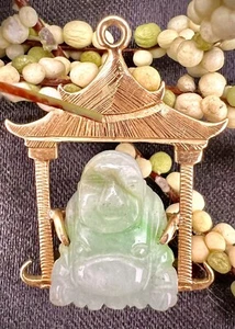 Antique Burmese Jadite Jade Budai Laughing Buddha Pendant 14k Gold Pagoda MOBA - Picture 1 of 12