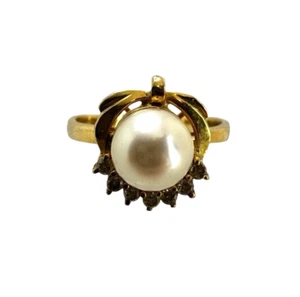 Solid 14K Yellow Gold 7mm Natural Pearl and Diamond Ring Size 8 - Picture 1 of 7