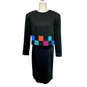 80s Black Colorblock Twofer Dress Boxy Button Back Topper Knit Midi 16 Vintage - Picture 1 of 10