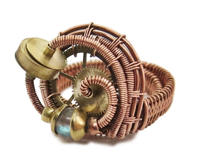 Adjustable Labradorite Steampunk Ring in Copper and Brass - Image 1 of 4