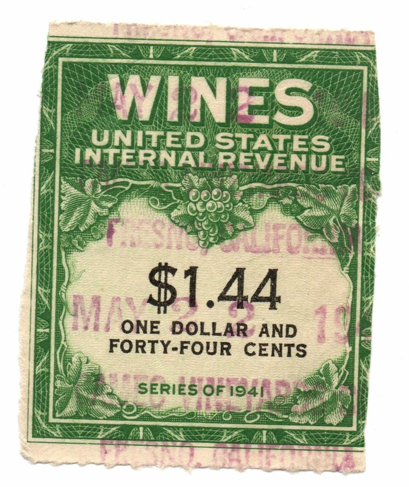 US - 1942 $1.44 Yellow Green & Black Wines Revenue Issue # RE147 Used Fresno CA - Image 1 of 1