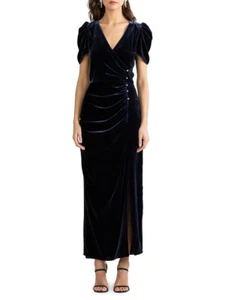 Shoshanna Ada Short Puff-Sleeve Slit Dress, Surplice-neck, Navy Size 4, $660 NWT - Picture 1 of 3