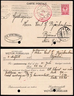 Finland Cover 1915 WWI Russian Censor Card to Bjärnå Z2957 - Image 1 of 4