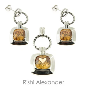 925 Sterling Silver Dangle Rope Orange Pendant Earring Set - Picture 1 of 2