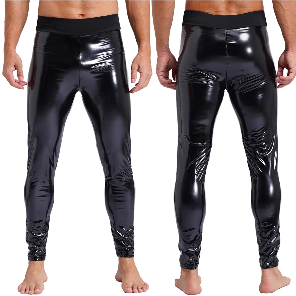 Mens Patent Leather Wet Look High Waist Stretchy Leggings Skinny Trousers - Image 1 of 1