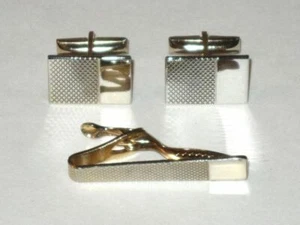 Vintage Goldtone Checker Pattern Cufflink & Tie Bar Clasp Set!	 - Picture 1 of 2