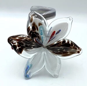 Italy Murano Art Glass Lily Flower White Brown Blue Red Coiled Stem w/Sticker - Picture 1 of 14