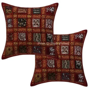 Indian Embroidered Cotton Pillow Case Cover Patchwork Vintage Cushion Cover Pair - Picture 1 of 64